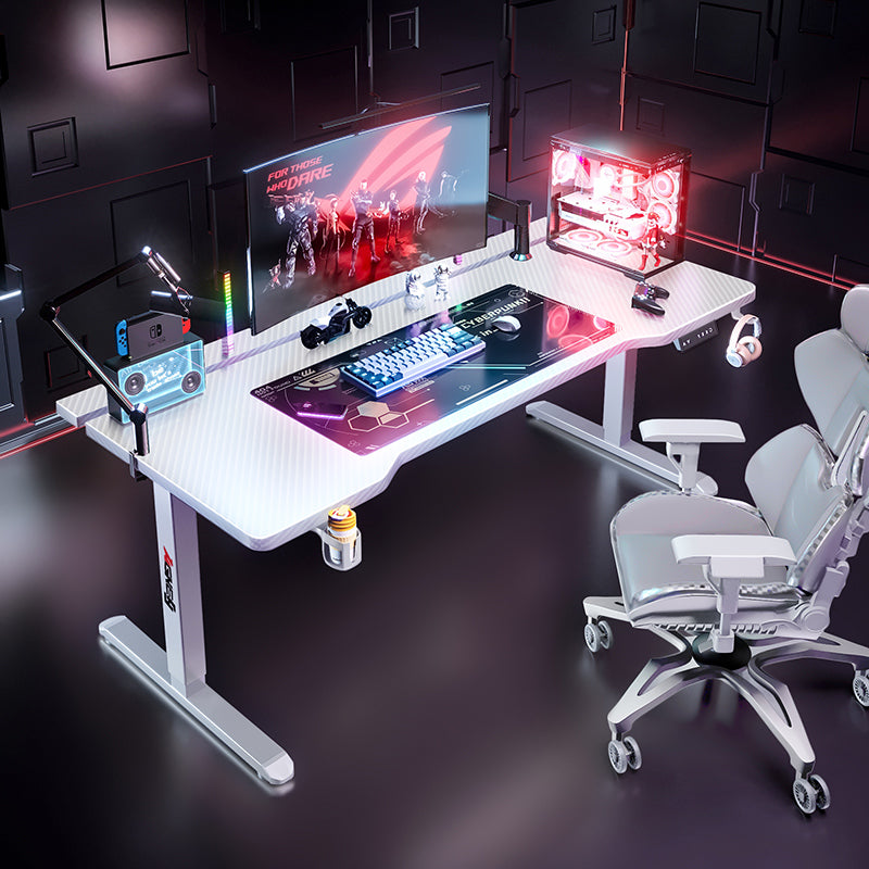 White AGKey gaming desk with an ultrawide monitor, RGB lighting and two white chairs in a dark room