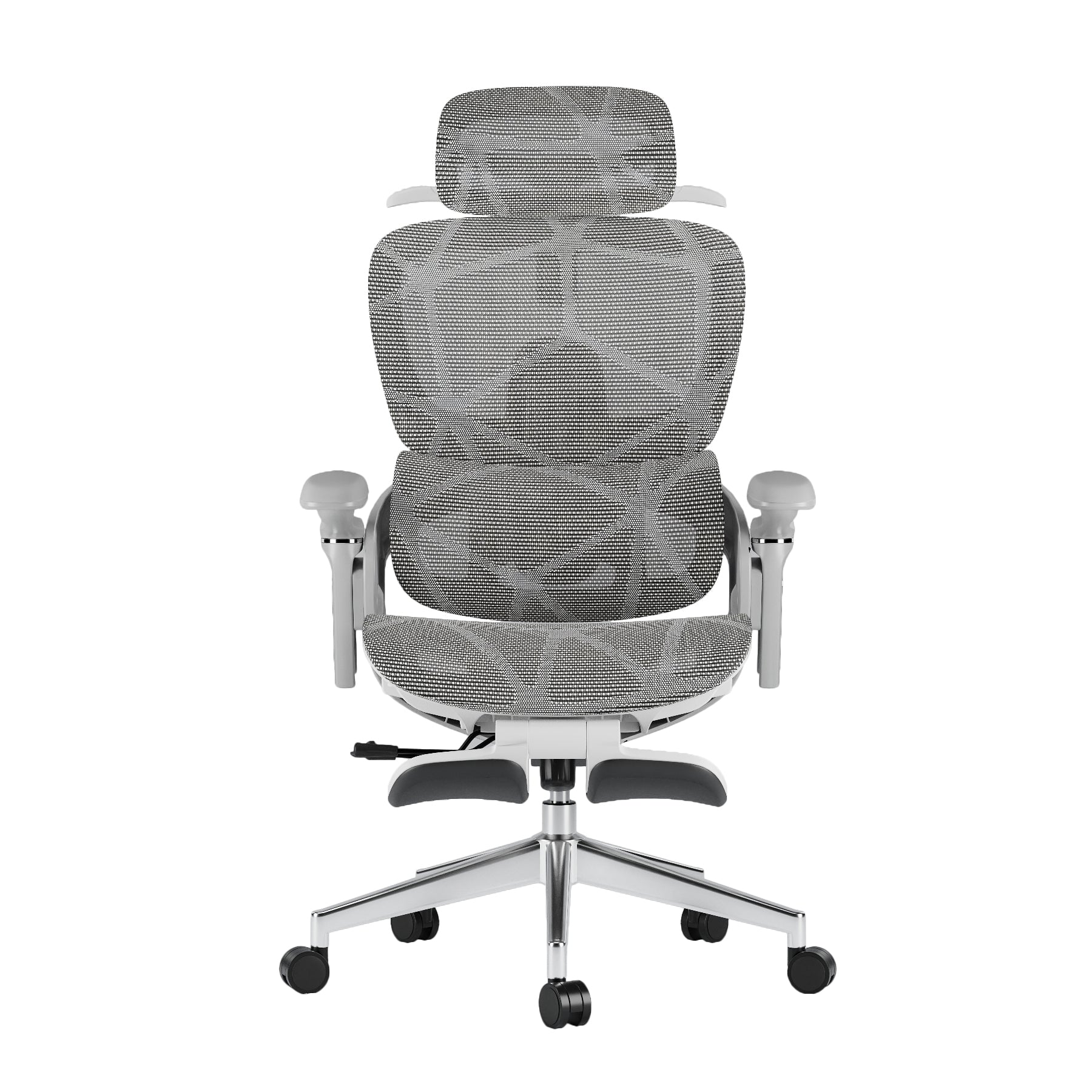 Sylph ergonomic office chair: grey mesh with geometric pattern, white frame, adjustable headrest & armrests, chrome base.