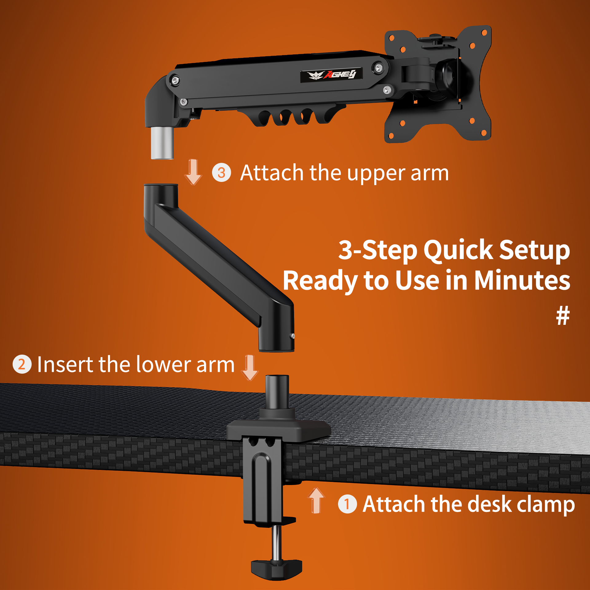 Black M1 Monitor Arm showing three-step quick setup with desk clamp and detachable upper and lower arms on orange background