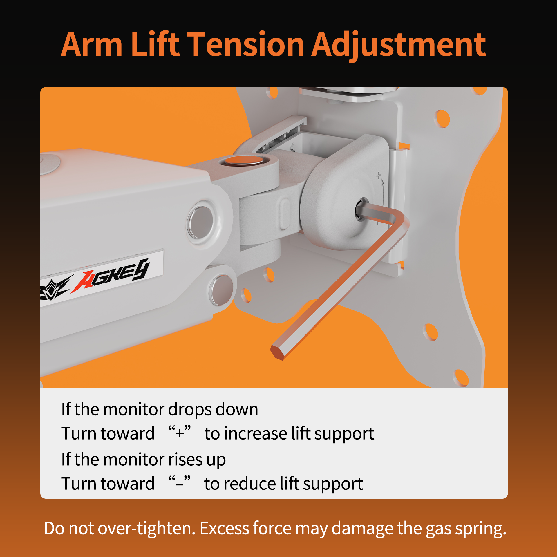 Close-up of black M1 Monitor Arm tension adjustment mechanism with Allen wrench on orange background, showing lift support control.