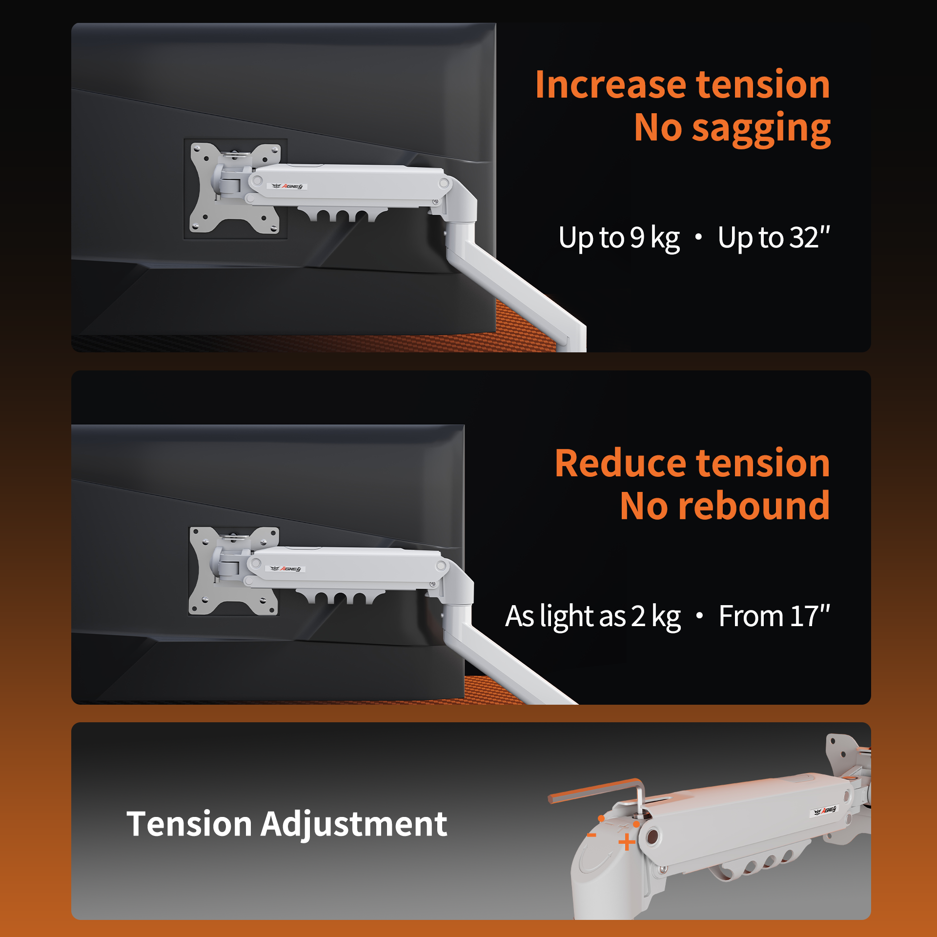 White M1 Monitor Arm attached to black monitor showing tension adjustment features for screens up to 32 inches and 9 kg weight.