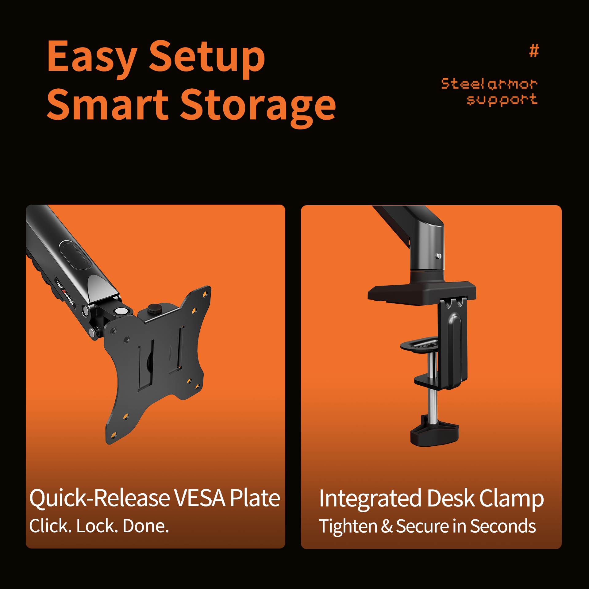 Black M1 Monitor Arm showing quick-release VESA plate and integrated desk clamp on orange background