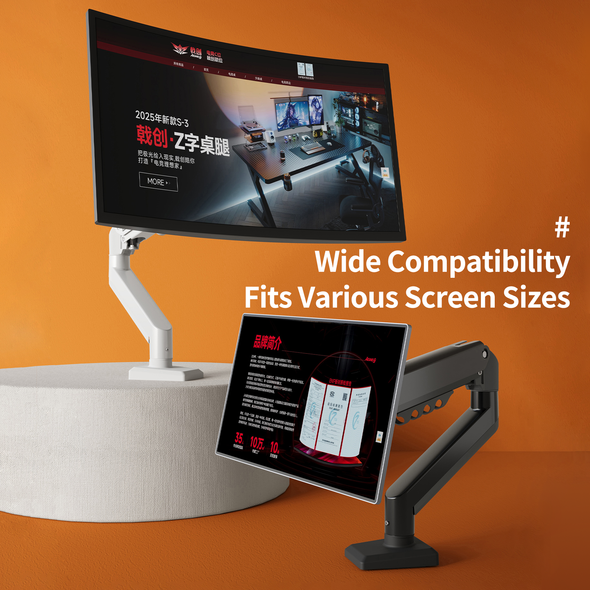 Black M1 Monitor Arm holding two screens at different angles, showcasing adjustable and wide compatibility features.