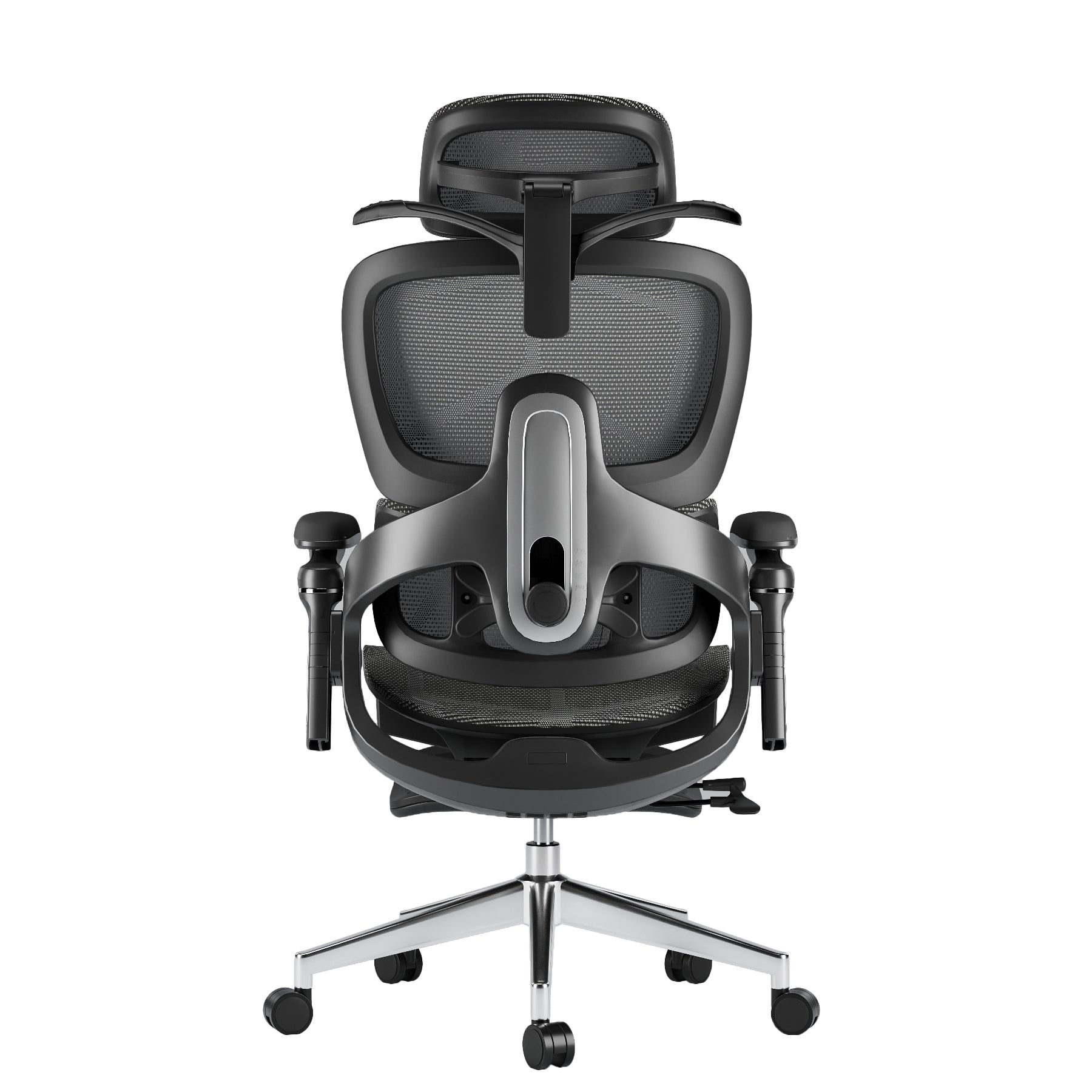 Black ergonomic office chair, mesh back & seat, adjustable lumbar support, chrome base with casters, rear view.