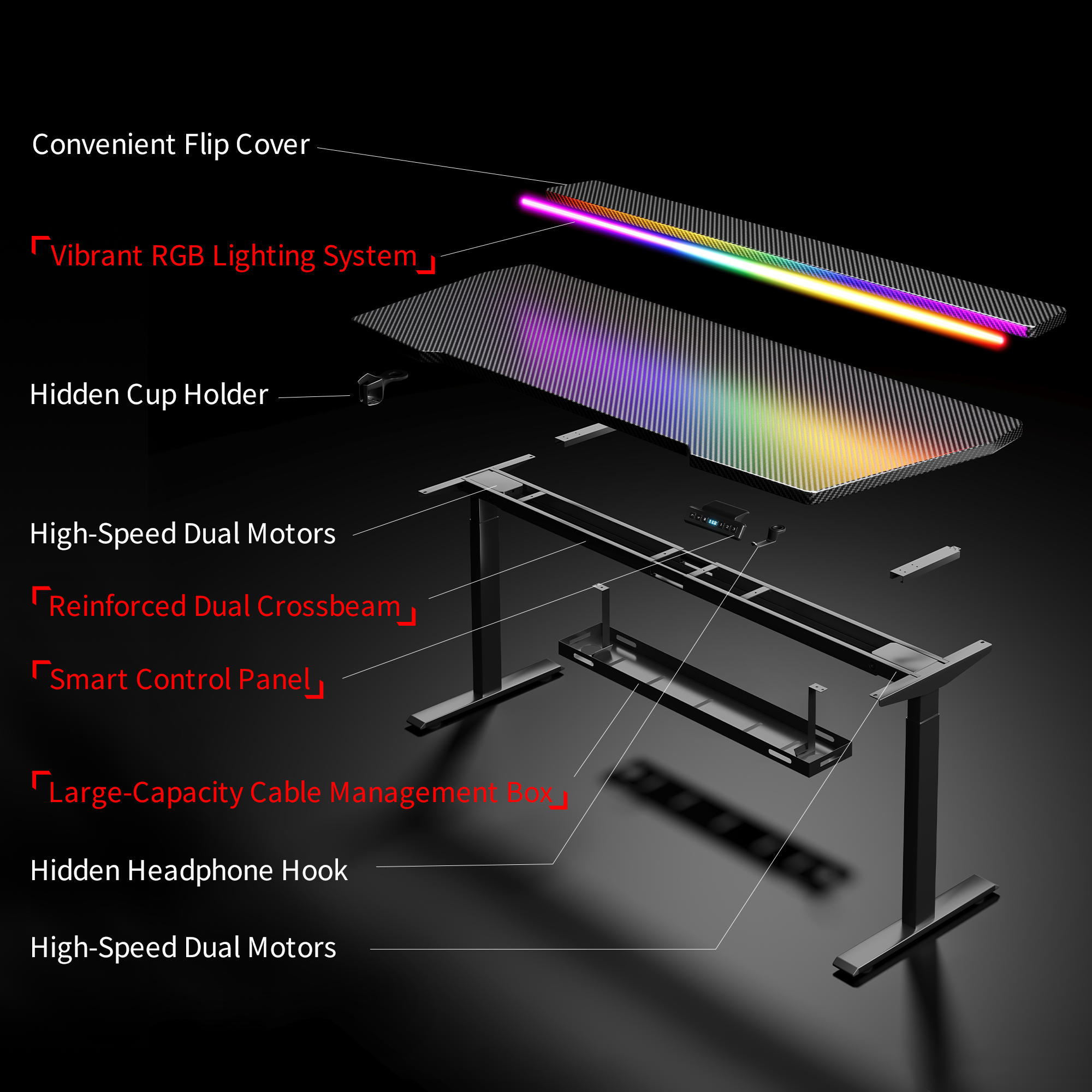 K2 Dual Motor Standing Desk in white with RGB lighting, flip cover, smart control panel, and cable management box displayed exploded view
