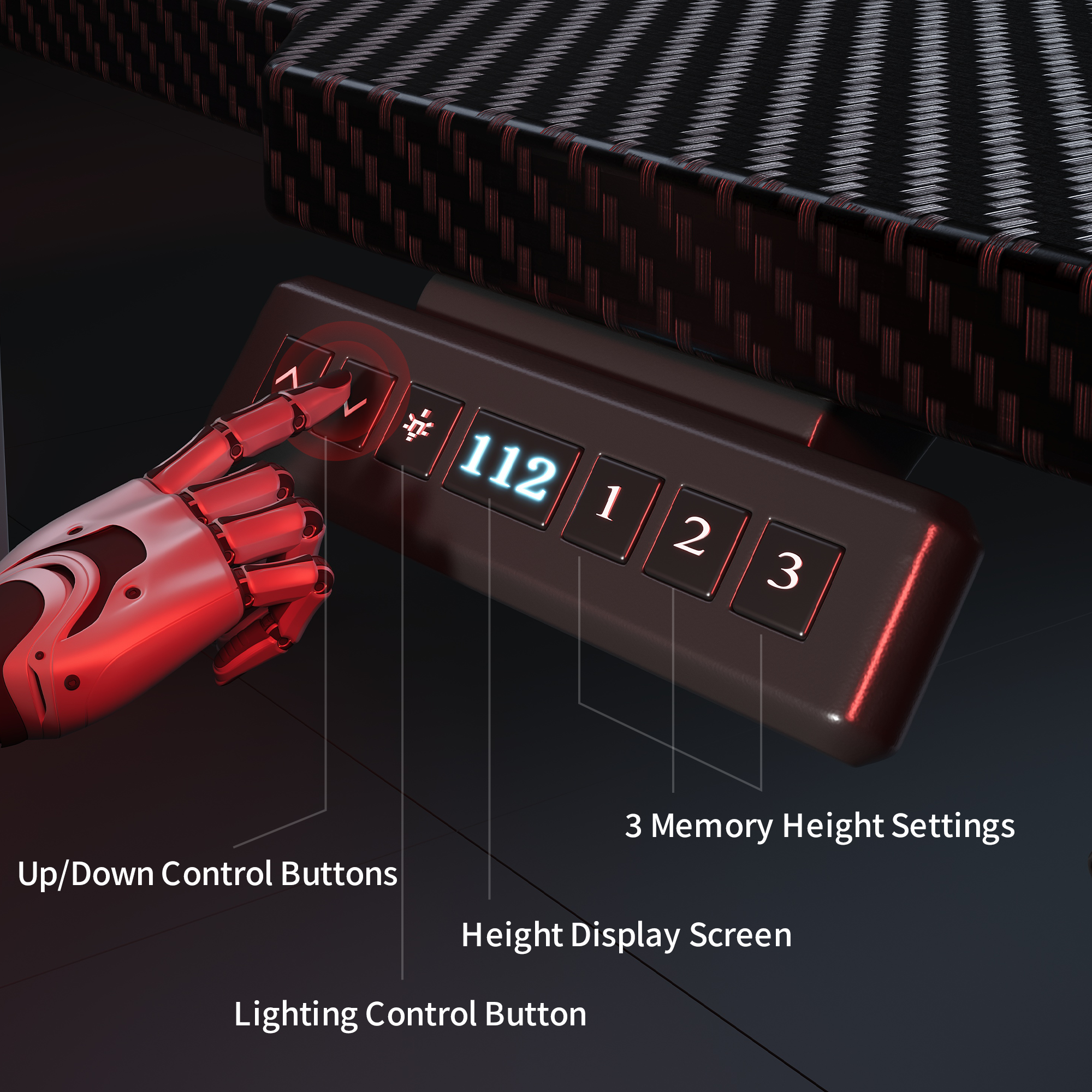Black control panel of K2 Dual Motor Standing Desk with LED height display and memory settings, carbon fiber desk edge visible above