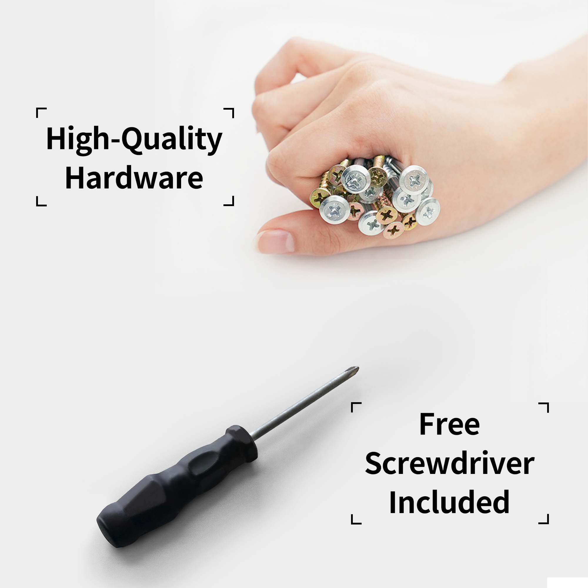 S3 Gaming Desk included hardware: Hand holding silver & gold screws, and a black screwdriver, emphasizing quality.