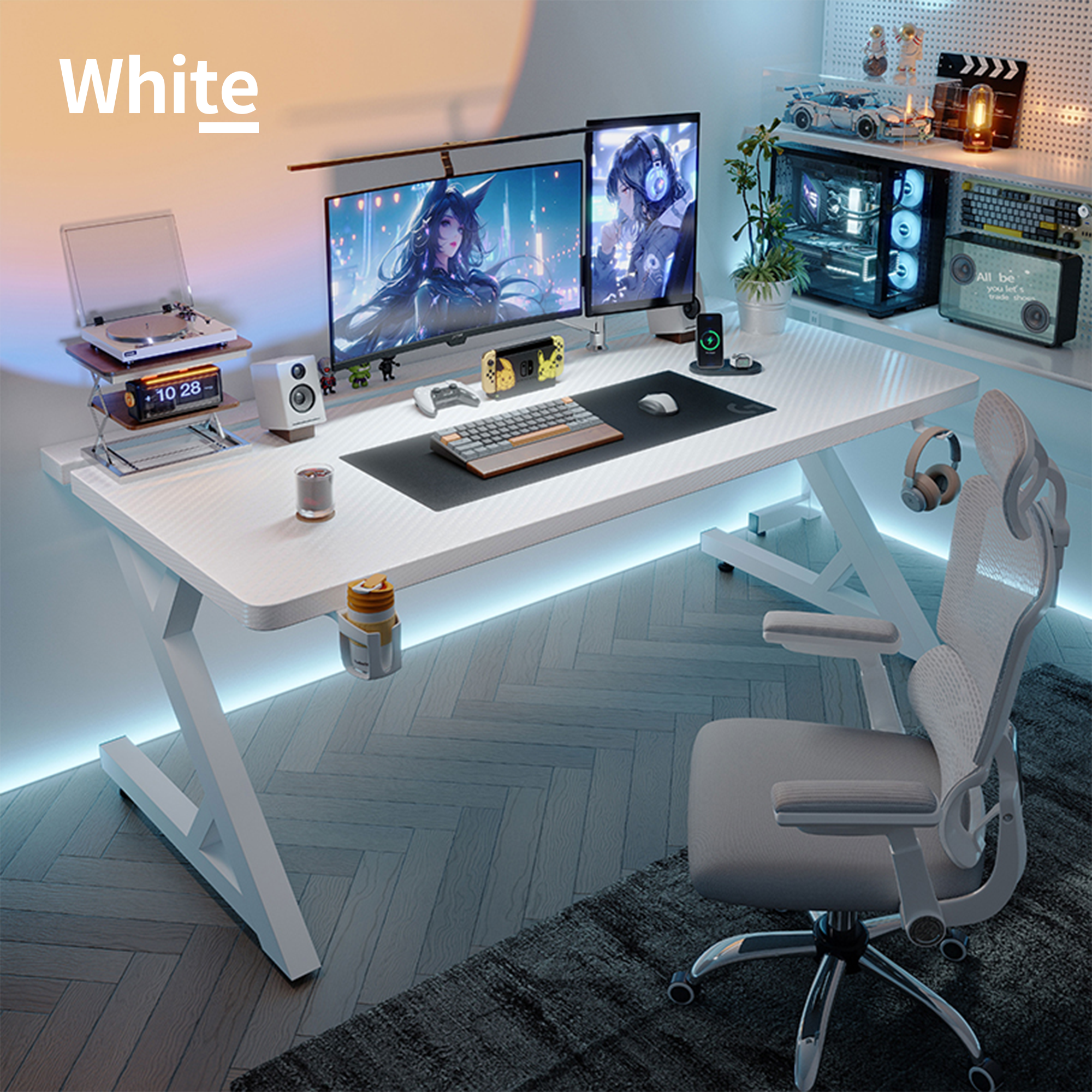 White gaming desk with Z-legs, under-desk LED lights, textured top, dual monitors, and gaming gear.
