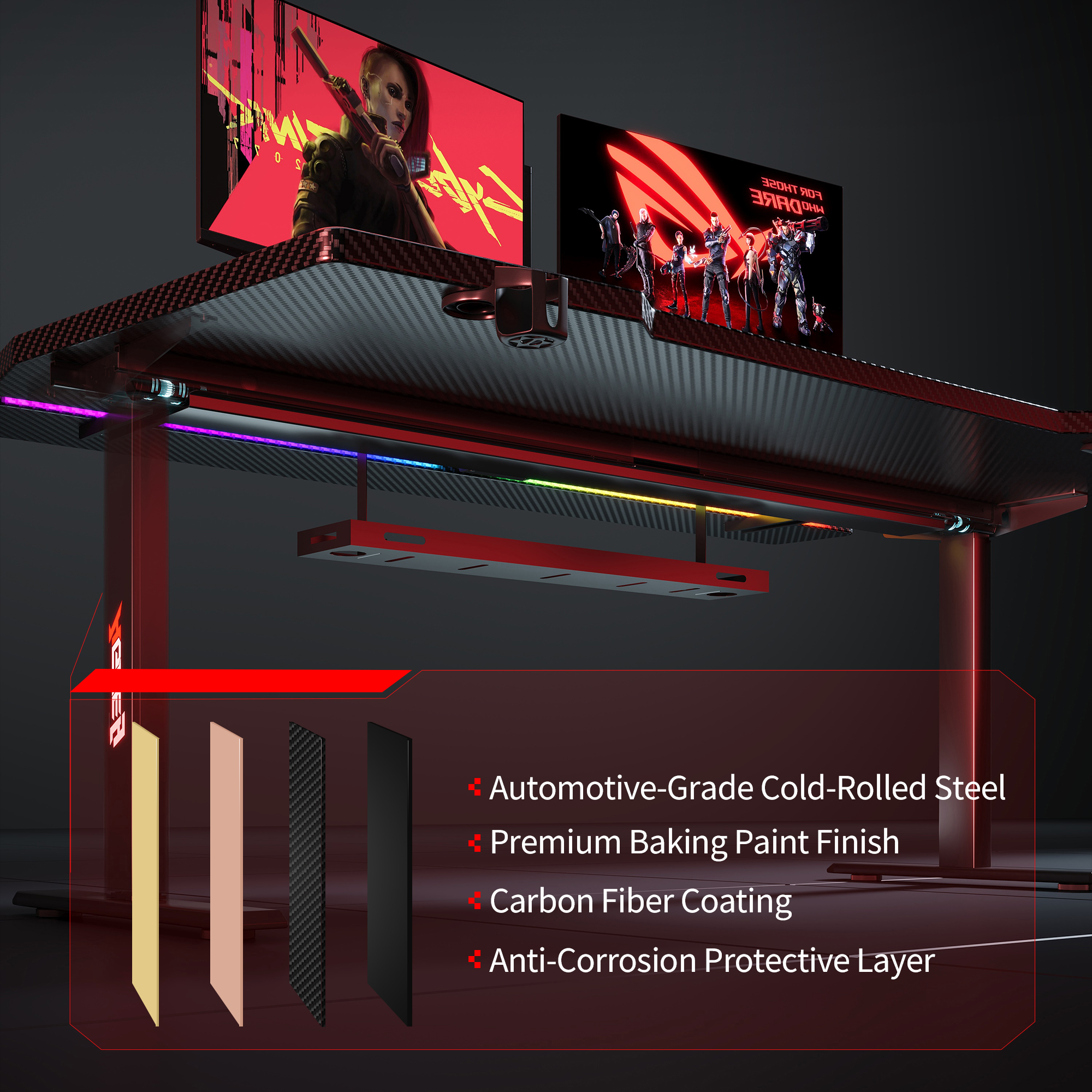 K2 Dual Motor Standing Desk in white with carbon fiber coating and dual monitors on top, viewed from low angle