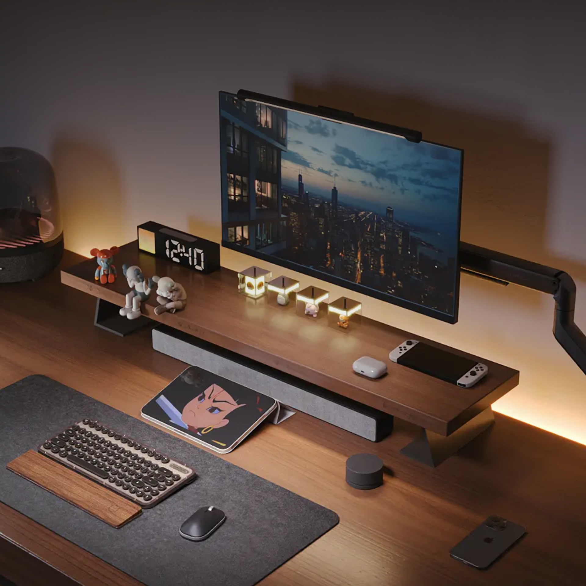 【Pre-Order】D1 Desk Monitor Riser in dark wood with angled metal legs holding a monitor and various desk accessories