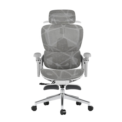 Sylph ergonomic office chair: grey mesh with geometric pattern, white frame, adjustable headrest & armrests, chrome base.