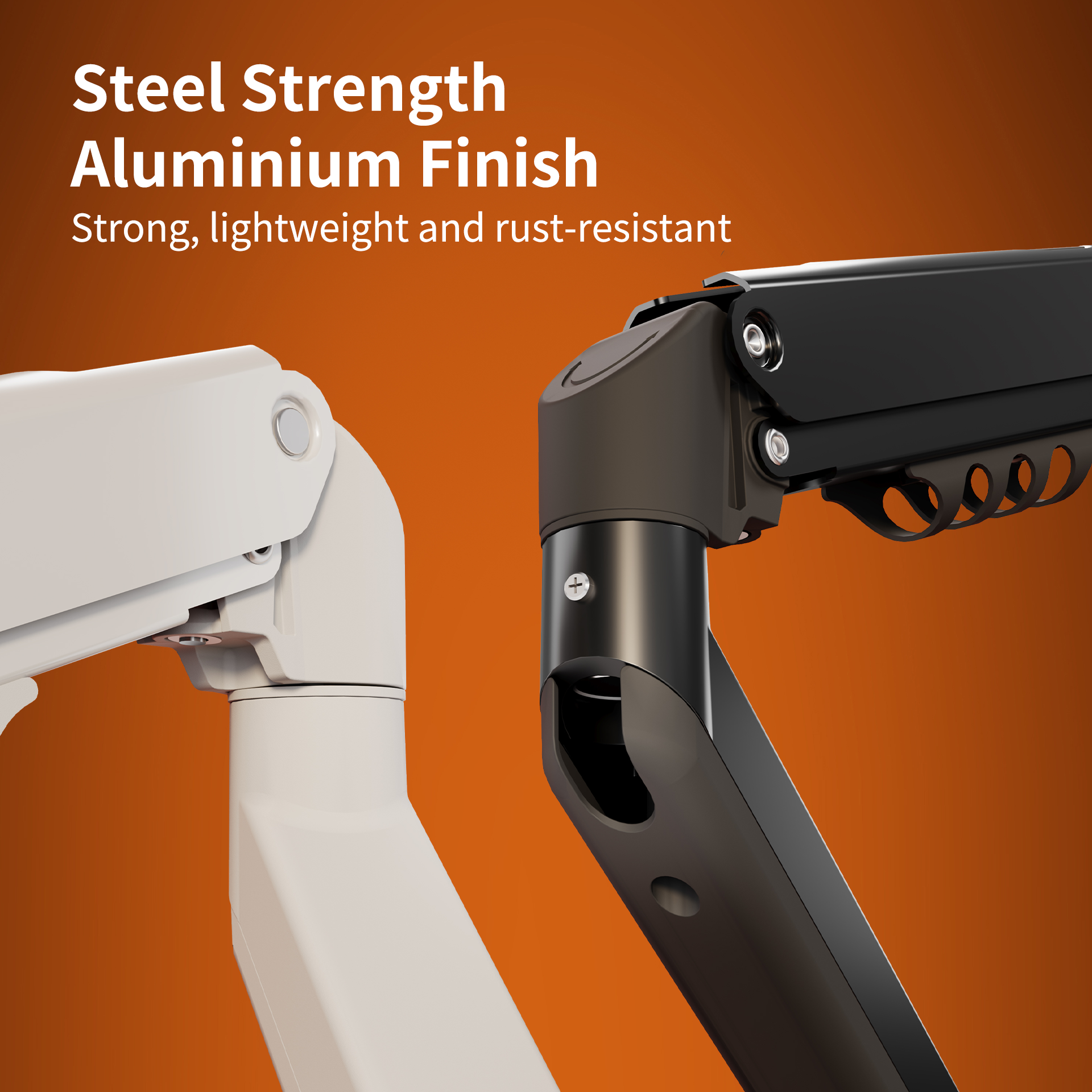 Black M1 monitor arm with steel strength and aluminium finish, shown in a close-up angled view against an orange background.