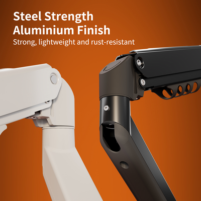 Black M1 monitor arm with steel strength and aluminium finish, shown in a close-up angled view against an orange background.