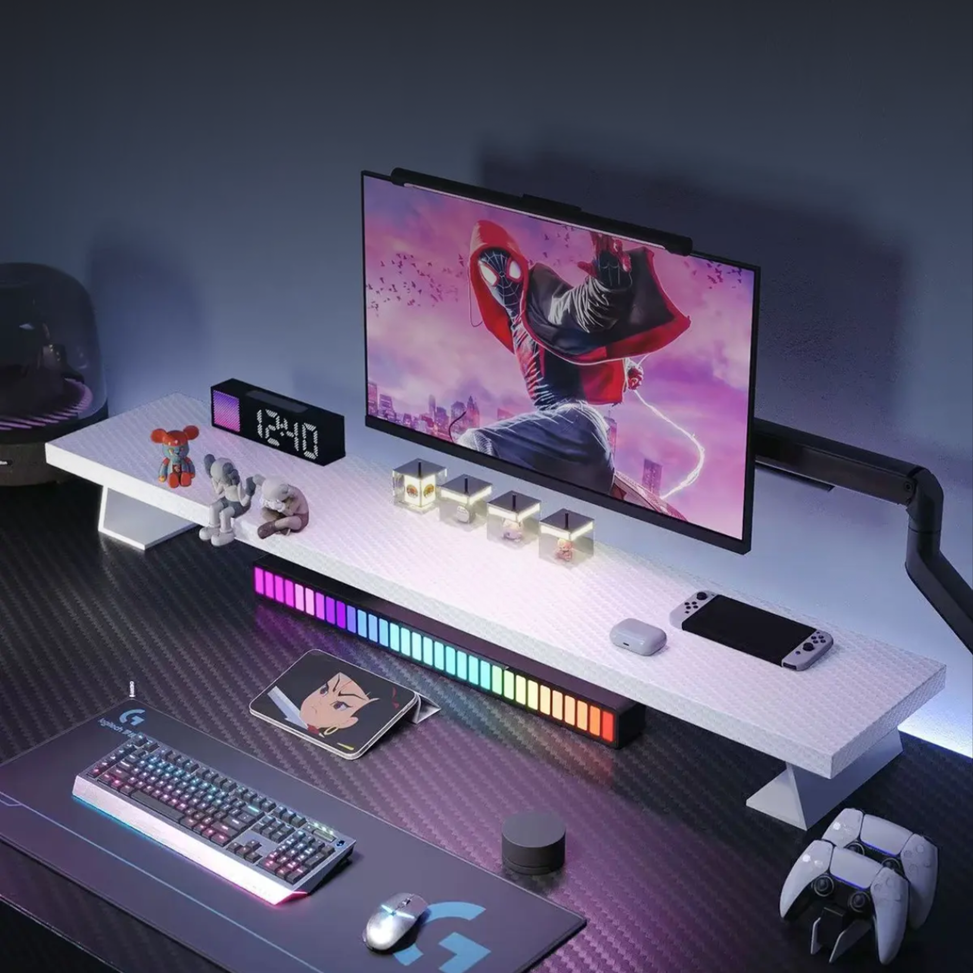White textured D1 Desk Monitor Riser holding a curved monitor, digital clock, collectibles, and gaming accessories on a dark desk setup.