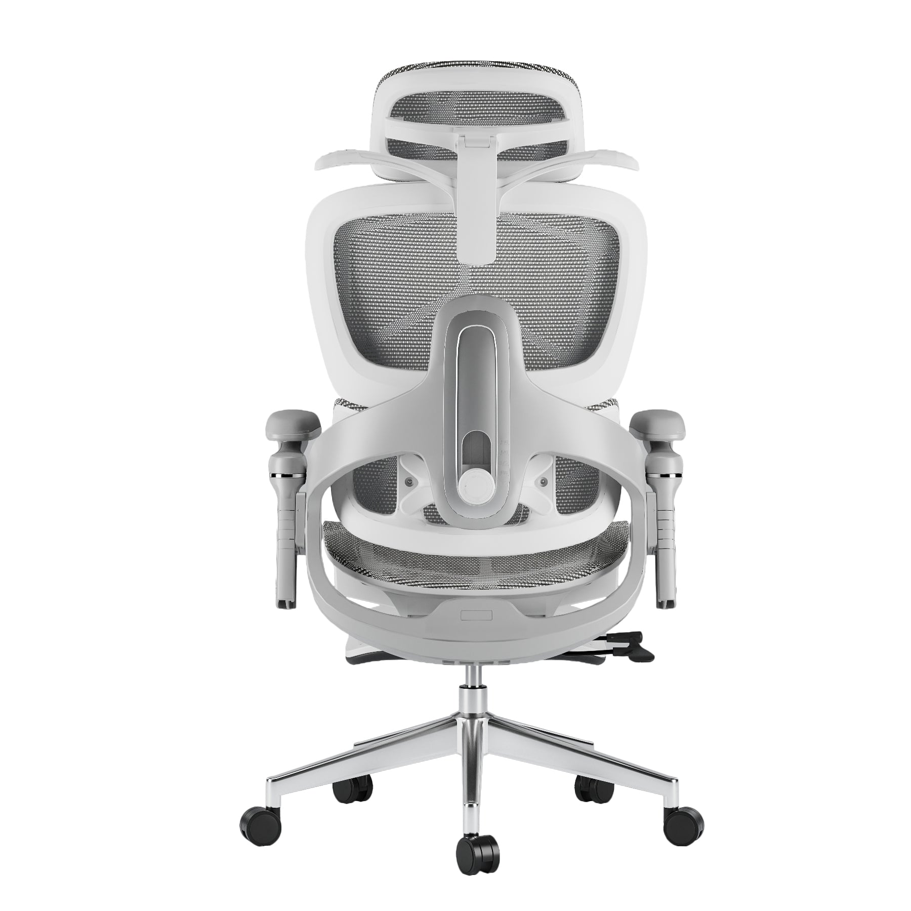 Rear view of a white and gray mesh Sylph ergonomic chair with adjustable lumbar support, chrome base, and casters.