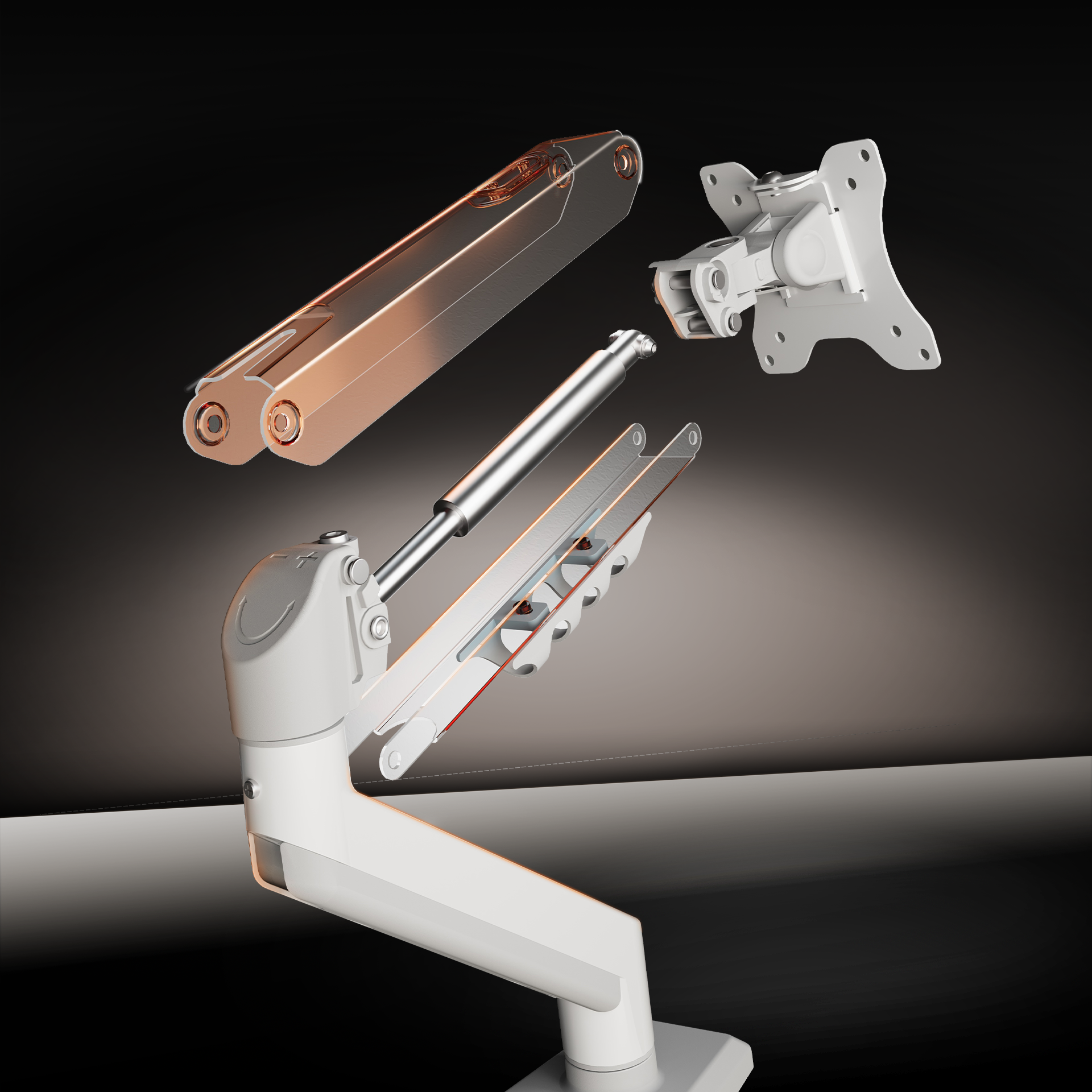 White M1 Monitor Arm with extendable joints and adjustable mounting bracket, sleek ergonomic design against dark background