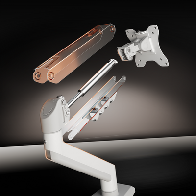 White M1 Monitor Arm with extendable joints and adjustable mounting bracket, sleek ergonomic design against dark background