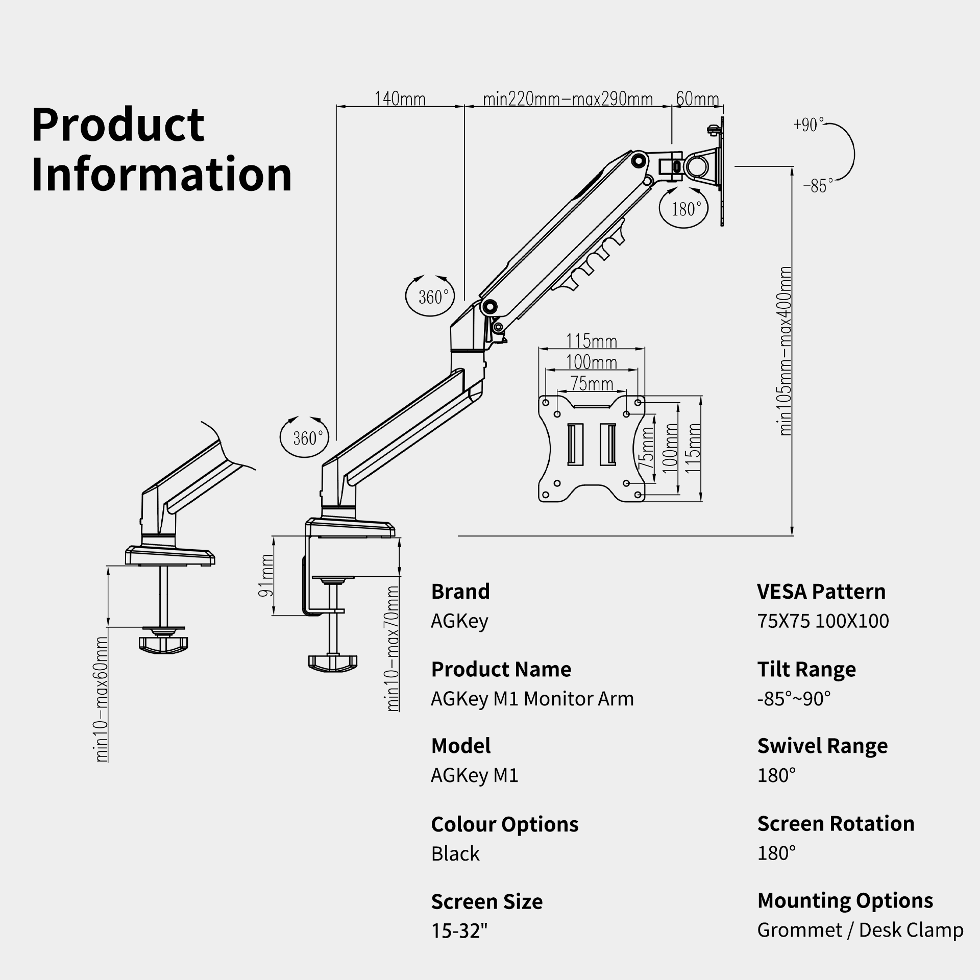 Technical drawing of the black M1 Monitor Arm showing dimensions, swivel, tilt range, and mounting options for screens 15-32 inches