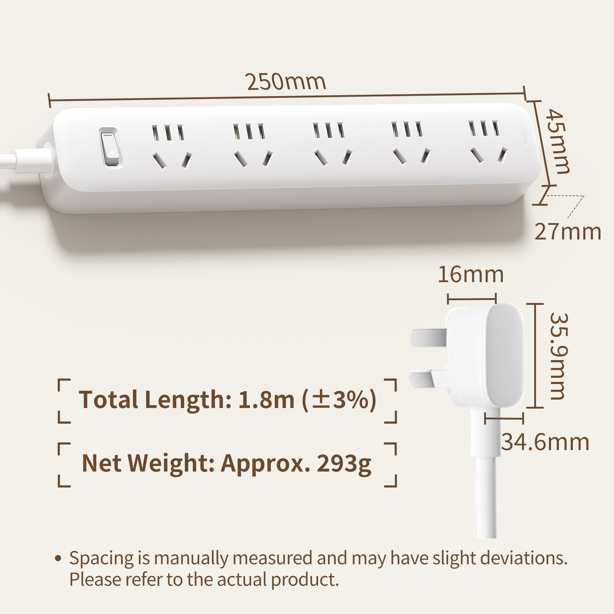 White Xiaomi 5-gang power strip with on/off switch & UK plug, 250mm length, 1.8m cable. Dimensions shown.
