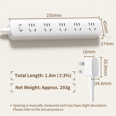 White Xiaomi 5-gang power strip with on/off switch & UK plug, 250mm length, 1.8m cable. Dimensions shown.