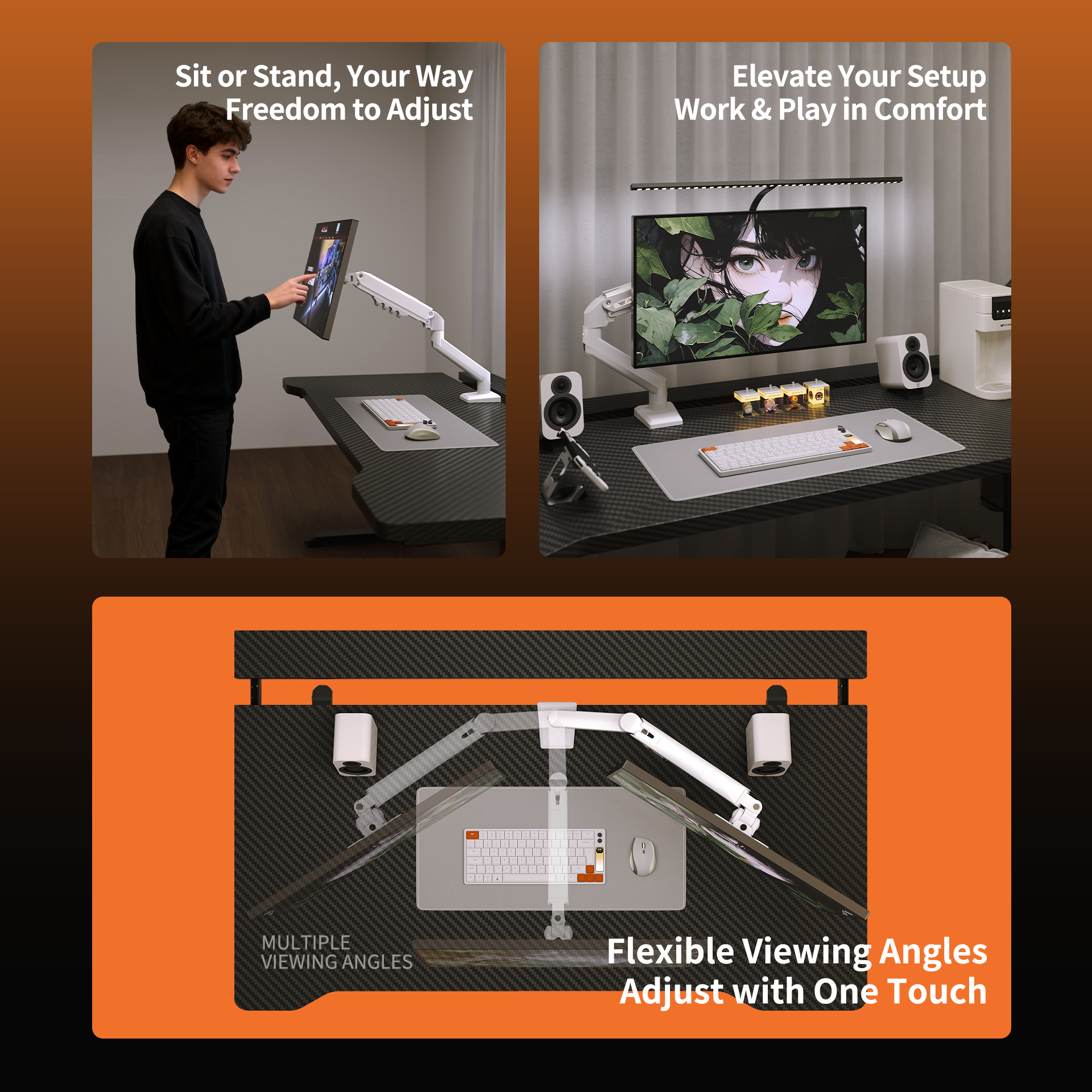 Black M1 Monitor Arm holding adjustable monitor above black desk setup with keyboard and mouse shown from side and top views