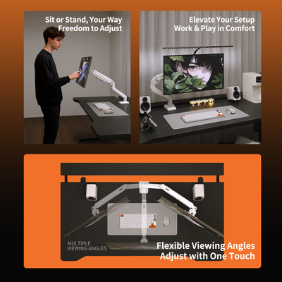 Black M1 Monitor Arm holding adjustable monitor above black desk setup with keyboard and mouse shown from side and top views