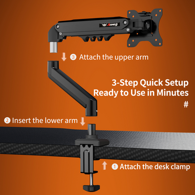 Black M1 Monitor Arm showing three-step quick setup with desk clamp and detachable upper and lower arms on orange background