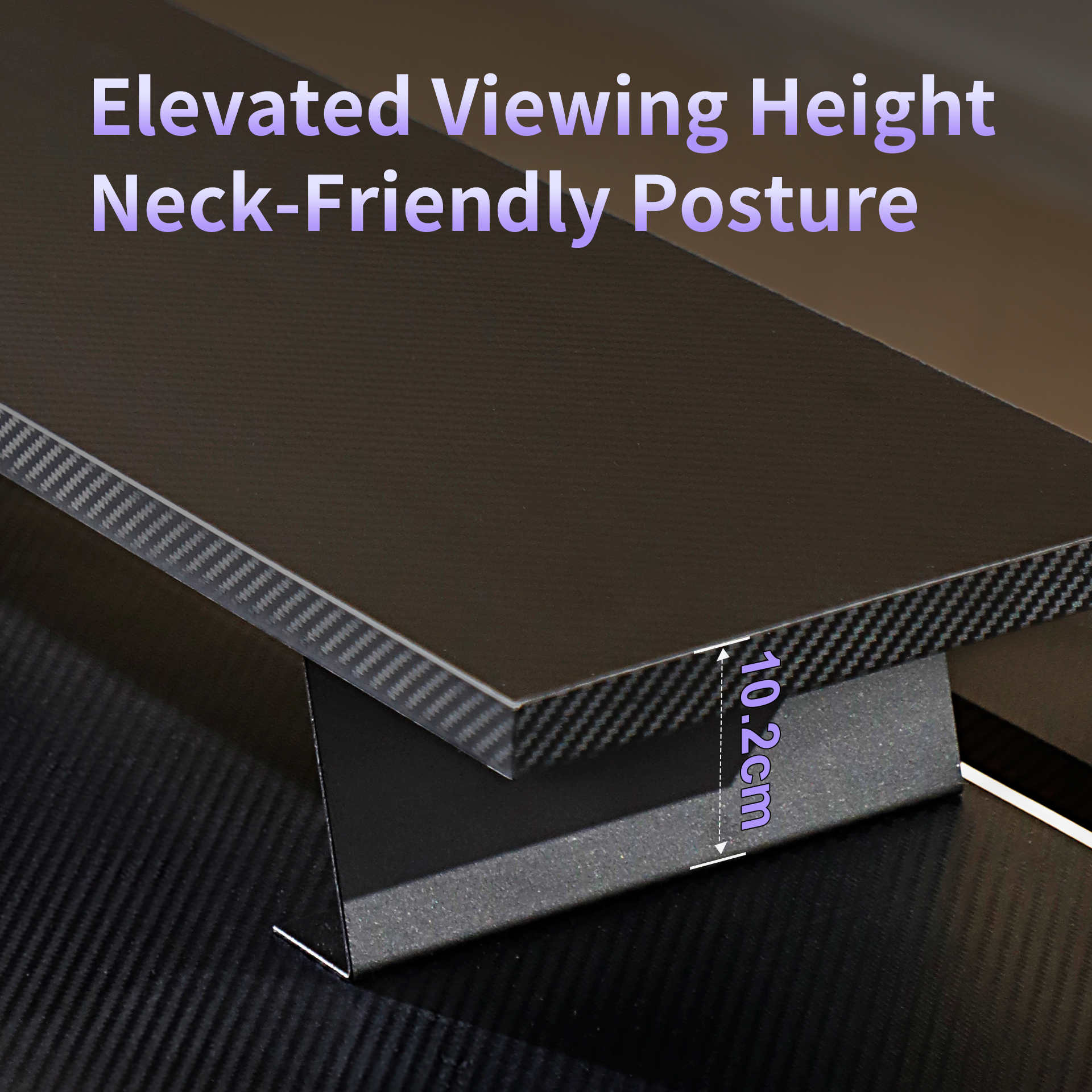 Black D1 Desk Monitor Riser with carbon fiber texture, elevating monitor height by 10.2cm for neck-friendly posture.