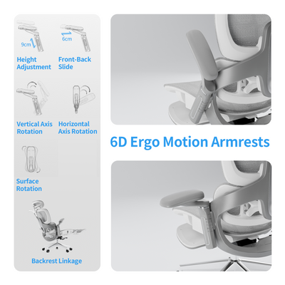 Light grey mesh Sylph ergonomic chair detailing its 6D adjustable armrests (height, slide, rotation) & backrest linkage.