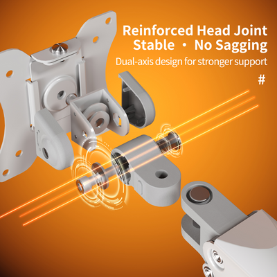 Exploded view of black M1 Monitor Arm head joint showing reinforced dual-axis design for stability and no sagging on orange background