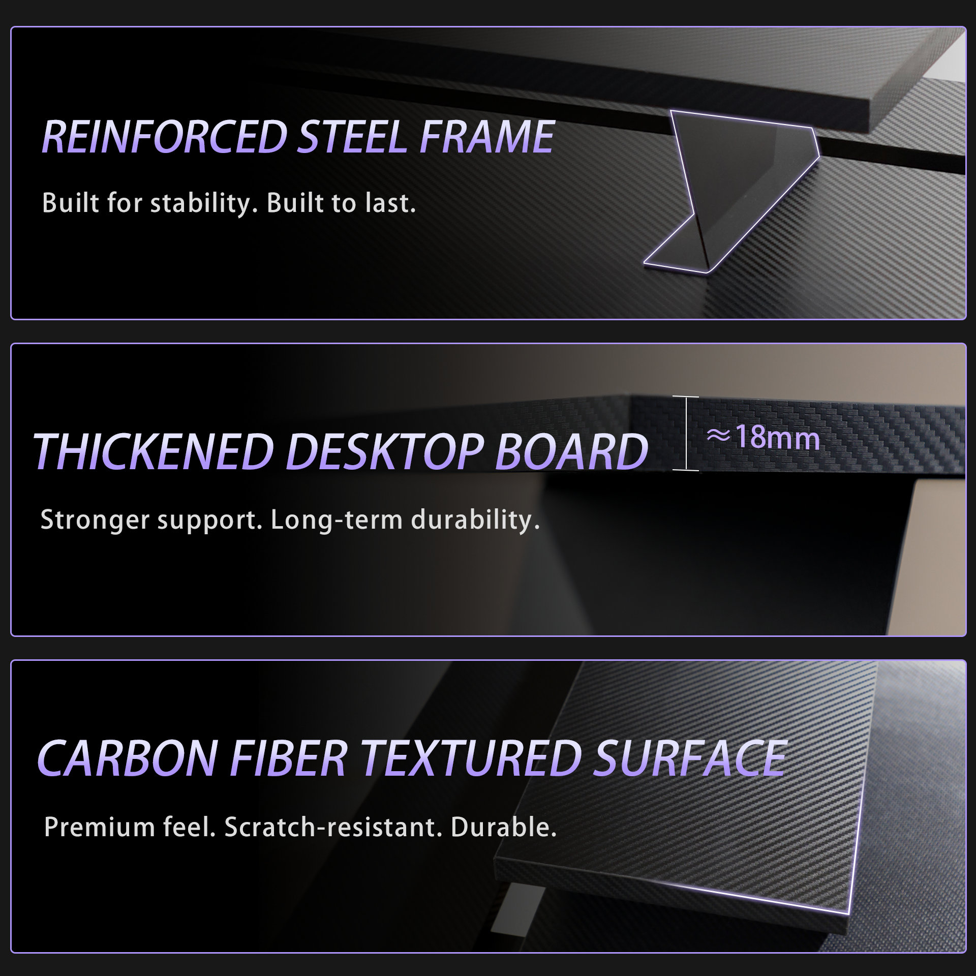 Black D1 Desk Monitor Riser with reinforced steel frame, 18mm thick carbon fiber textured desktop board, sleek and durable design