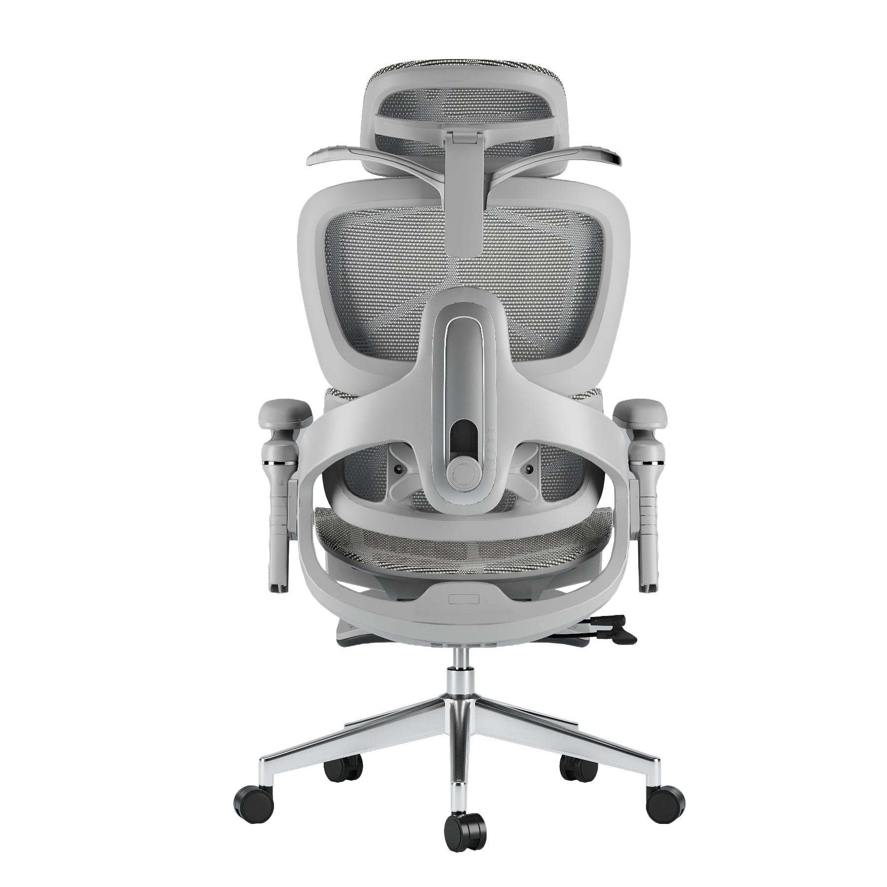 Sylph ergonomic chair, grey mesh back & seat, light grey frame, chrome base, adjustable features, back view.