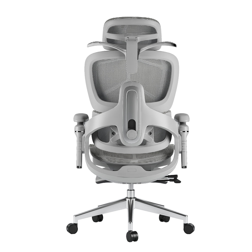 Sylph ergonomic chair, grey mesh back & seat, light grey frame, chrome base, adjustable features, back view.