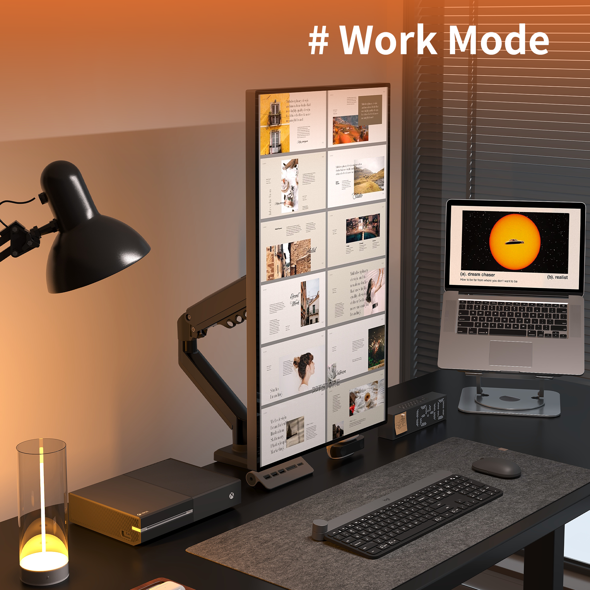 Black M1 Monitor Arm holding a vertical widescreen monitor on a modern desk setup with warm lighting