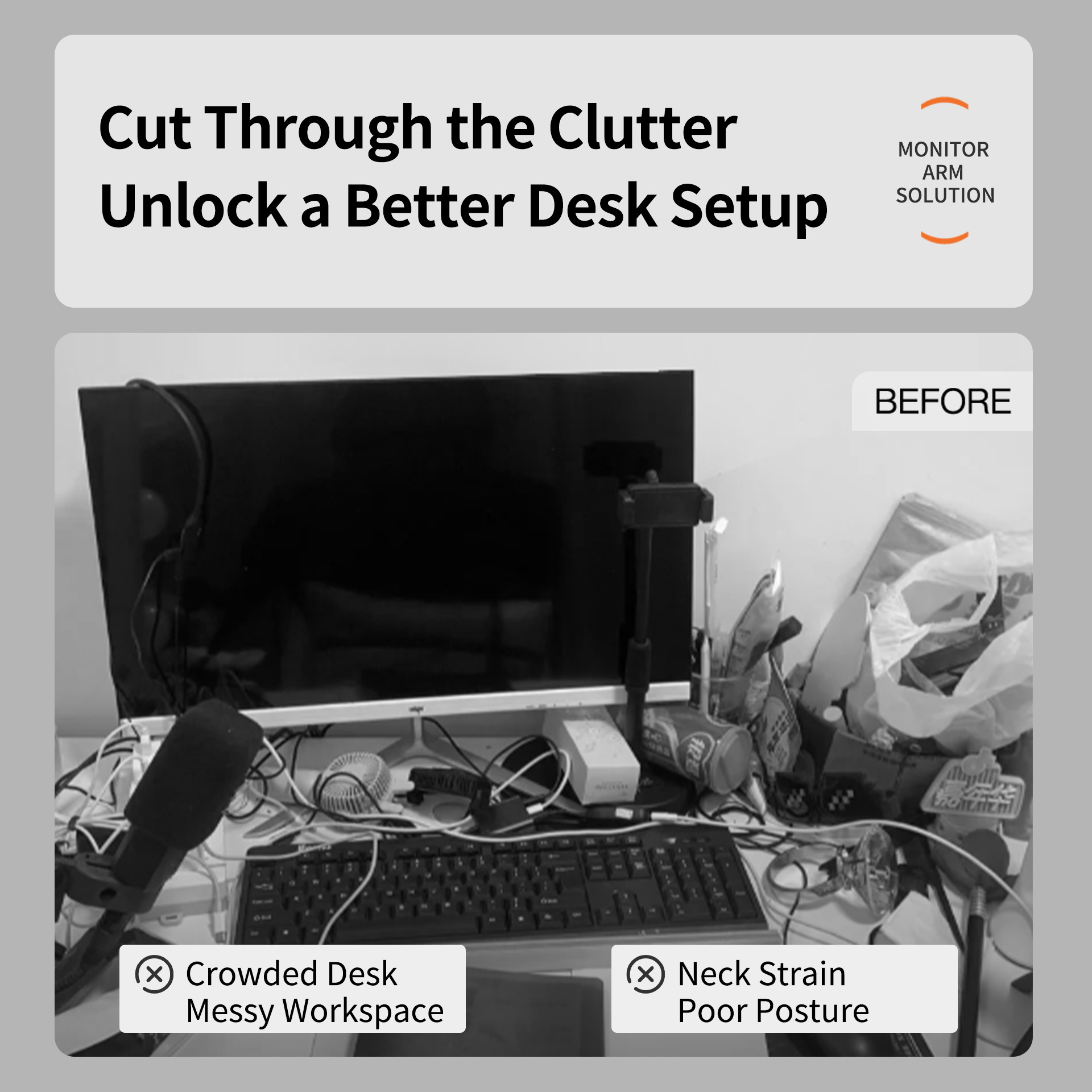 Cluttered desk setup with tangled cables, keyboard, monitor, and miscellaneous items illustrating poor workspace organization.