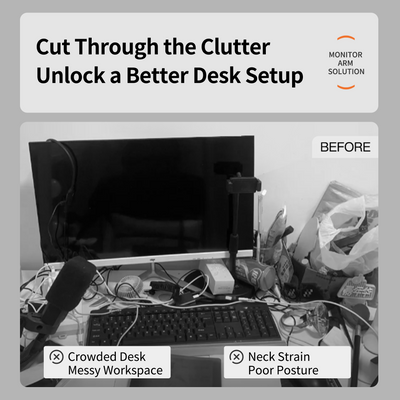 Cluttered desk setup with tangled cables, keyboard, monitor, and miscellaneous items illustrating poor workspace organization.