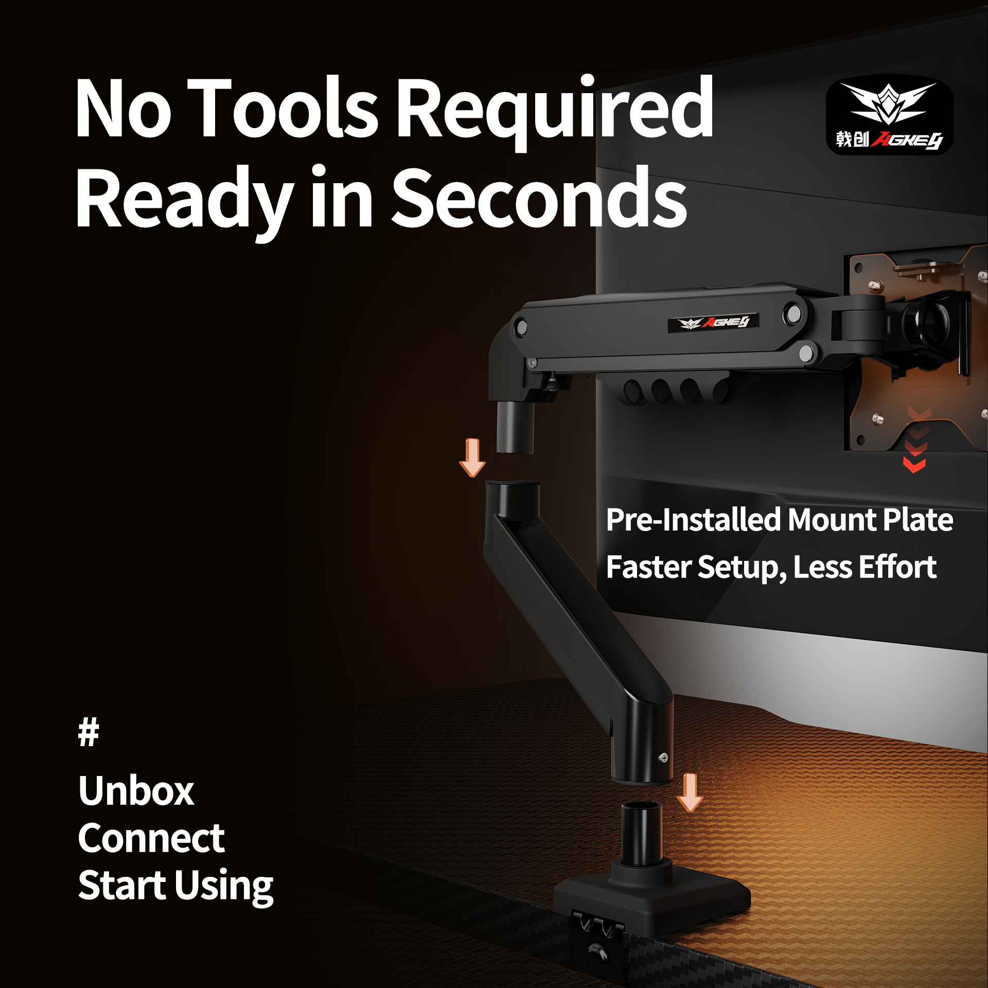 Black M1 Monitor Arm showing easy no-tool assembly with pre-installed mount plate attached to a desk and monitor.