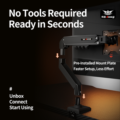 Black M1 Monitor Arm showing easy no-tool assembly with pre-installed mount plate attached to a desk and monitor.