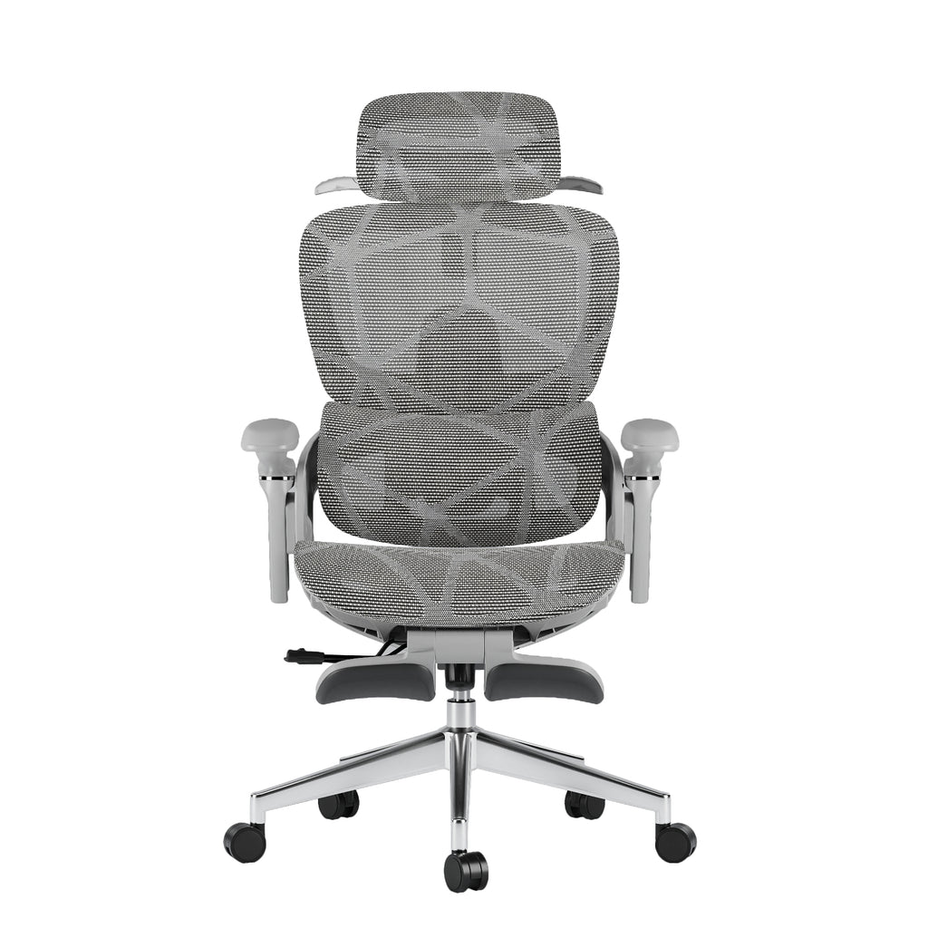 Aerlume Sylph mesh ergonomic chair front view, grey frame and grey mesh, dynamic lumbar support, adjustable armrests
