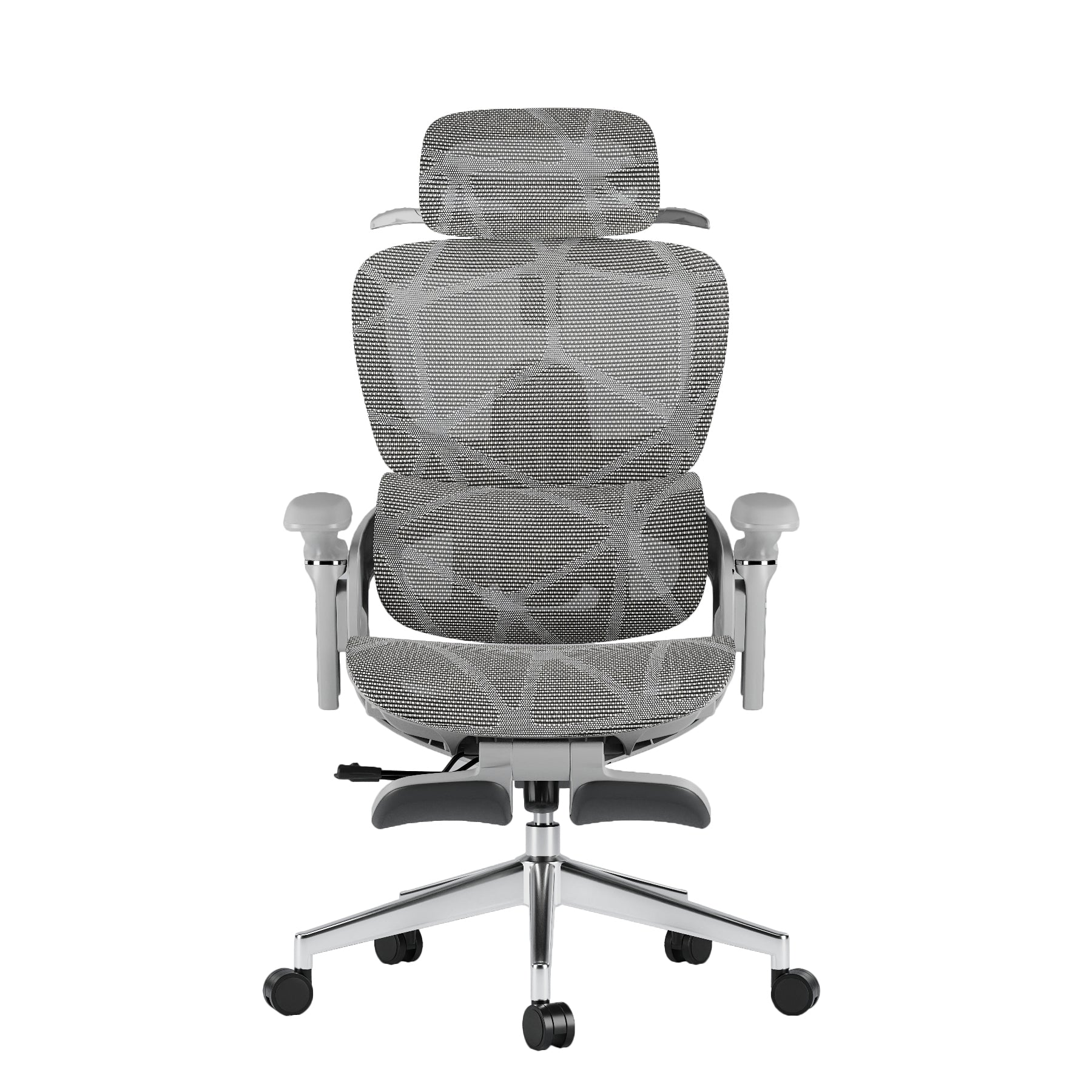 Aerlume Sylph mesh ergonomic chair front view, grey frame and grey mesh, dynamic lumbar support, adjustable armrests