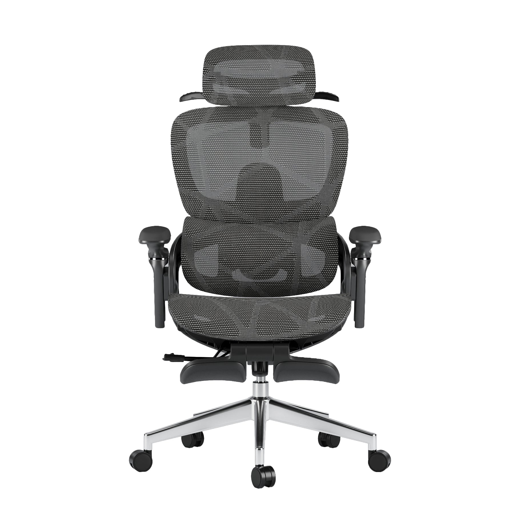 Aerlume Sylph ergonomic desk chair front view, black frame with black mesh, adjustable headrest and lumbar support