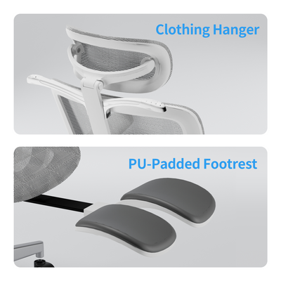 Sylph Ergonomic Chair with white mesh back, integrated clothing hanger, and dark gray PU-padded footrest.