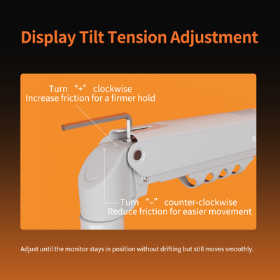 Black M1 Monitor Arm close-up showing tilt tension adjustment with Allen wrench and instructional text on orange background
