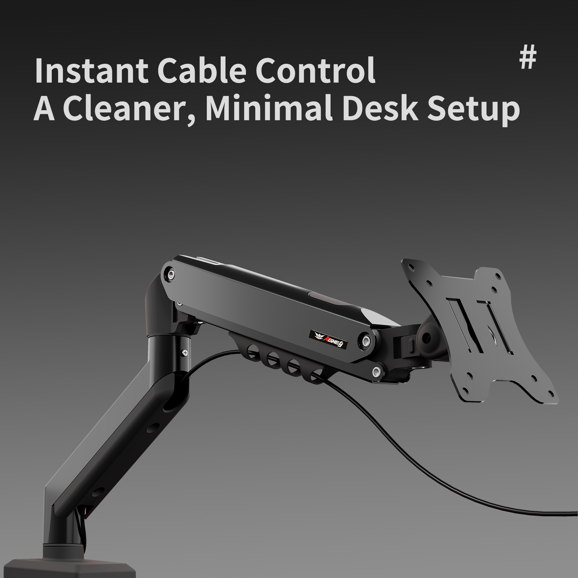 Black M1 monitor arm with cable management, adjustable joints, and VESA mount for ergonomic desk setups
