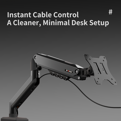 Black M1 monitor arm with cable management, adjustable joints, and VESA mount for ergonomic desk setups