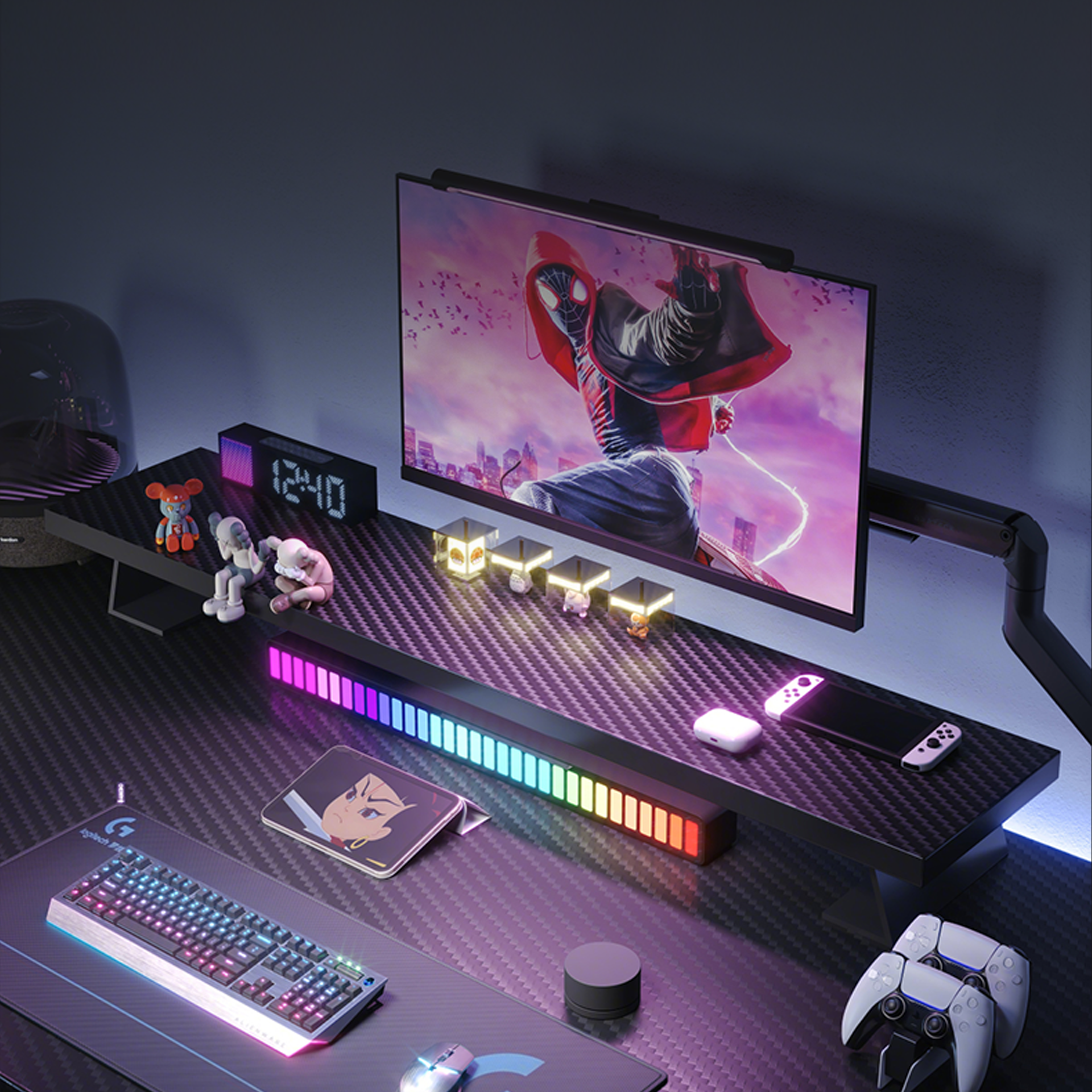 Black carbon fiber D1 Desk Monitor Riser holding a monitor, gaming controllers, and RGB light strip on a sleek desk setup