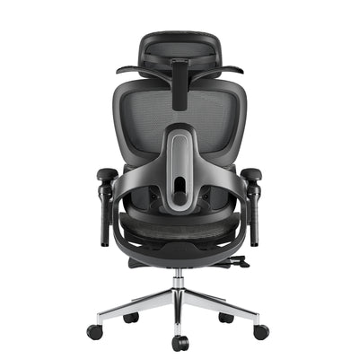 Black ergonomic office chair, mesh back & seat, adjustable lumbar support, chrome base with casters, rear view.