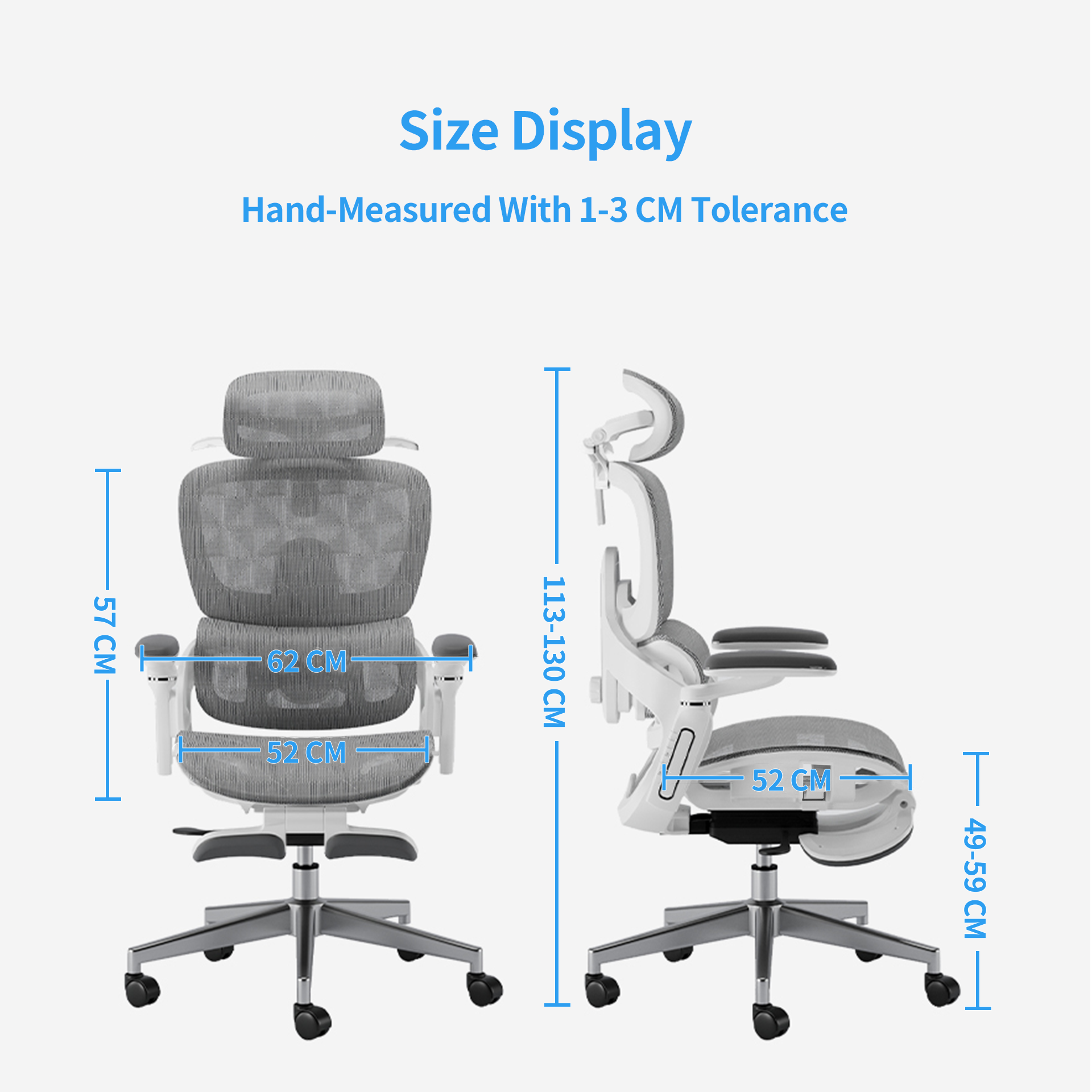 Sylph ergonomic chair size display, gray mesh, white frame, showing overall height (113-130cm) & seat details.