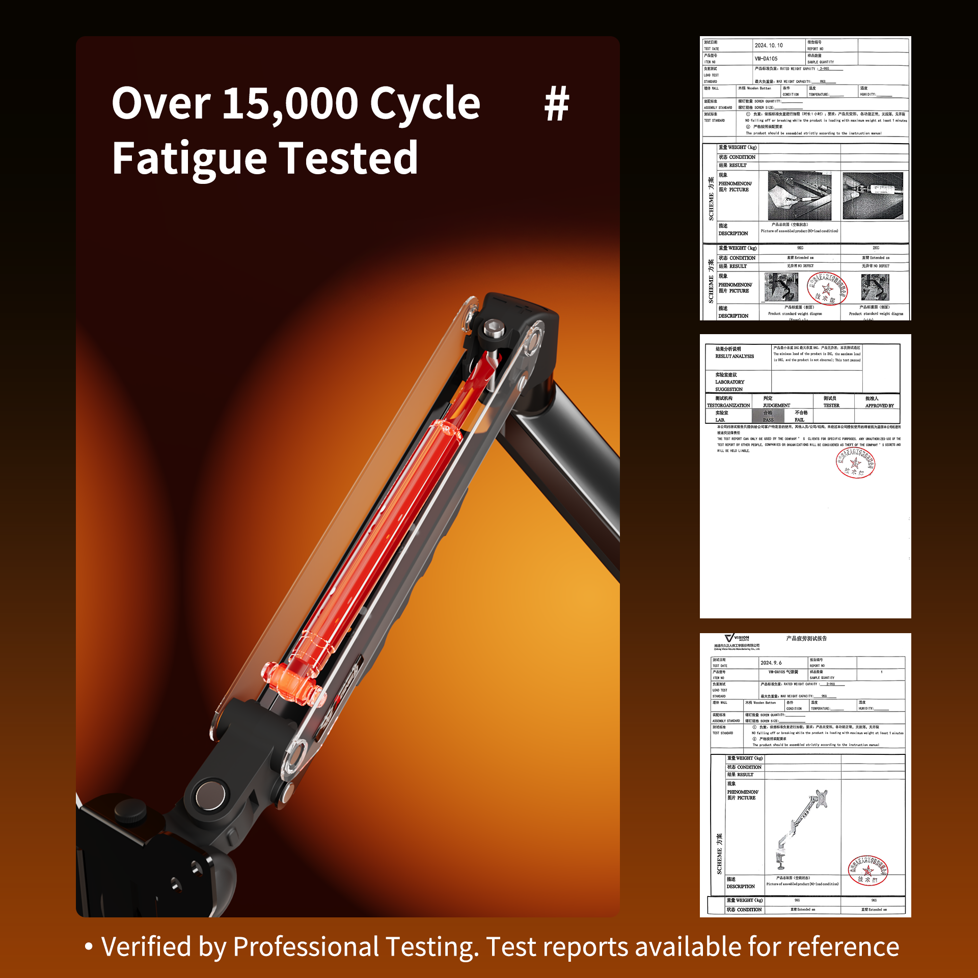 Black M1 Monitor Arm with internal mechanism visible, shown on orange background, highlighting durability and cycle fatigue testing