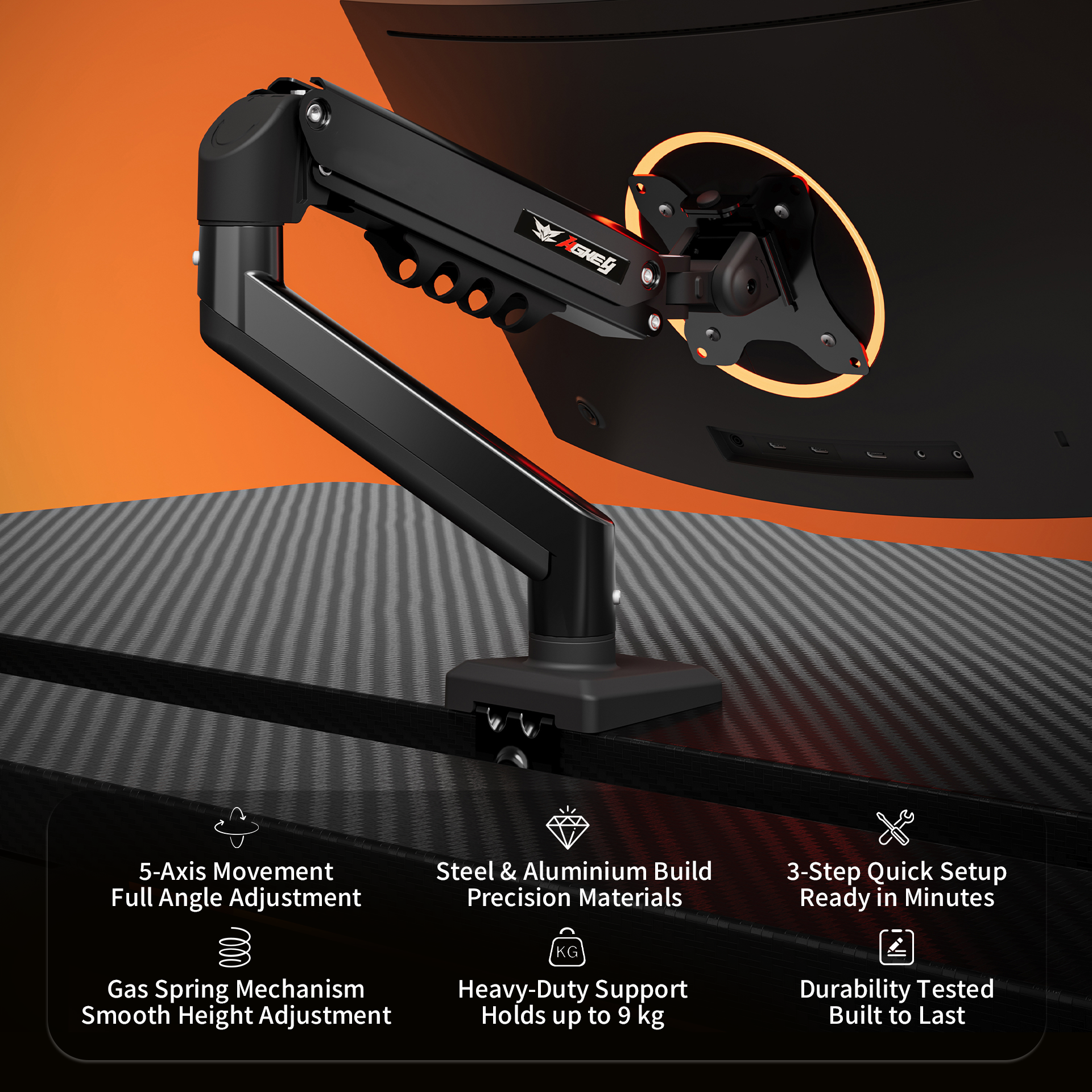 Black M1 Monitor Arm with steel and aluminum build, attached to a monitor, showcasing adjustable arm and desk clamp design.